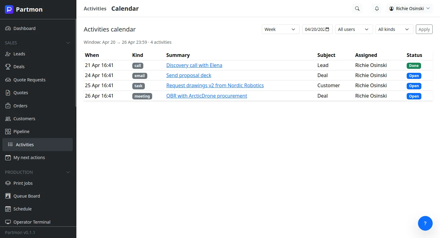 Activity timeline with tasks, calls, meetings, and notes