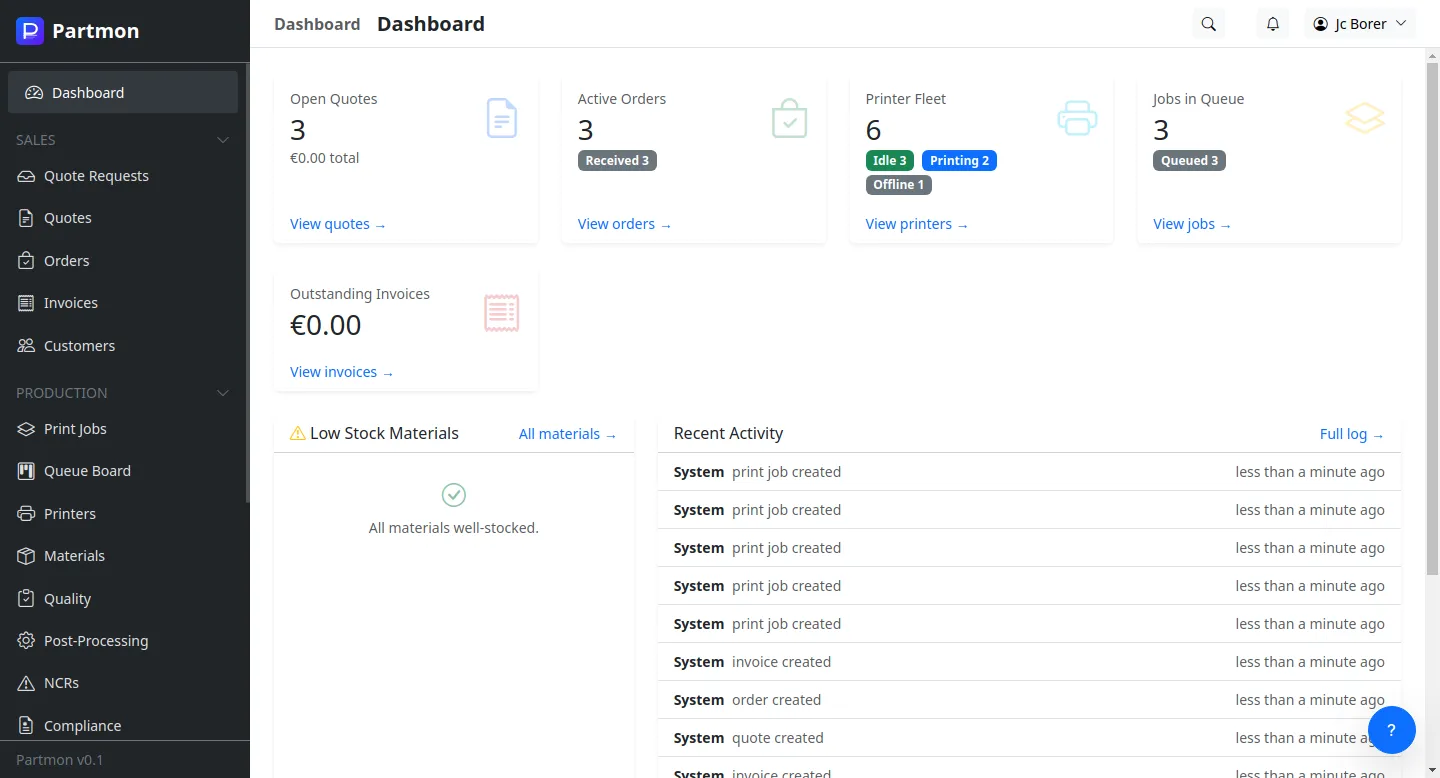 Partmon dashboard with fleet overview and activity feed
