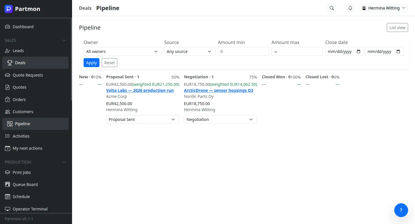 Deal kanban board with drag-drop stage columns