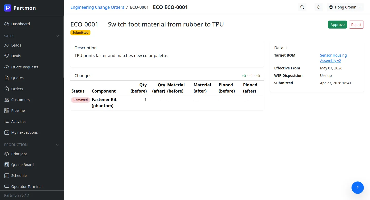 ECO approval workflow with WIP disposition choices