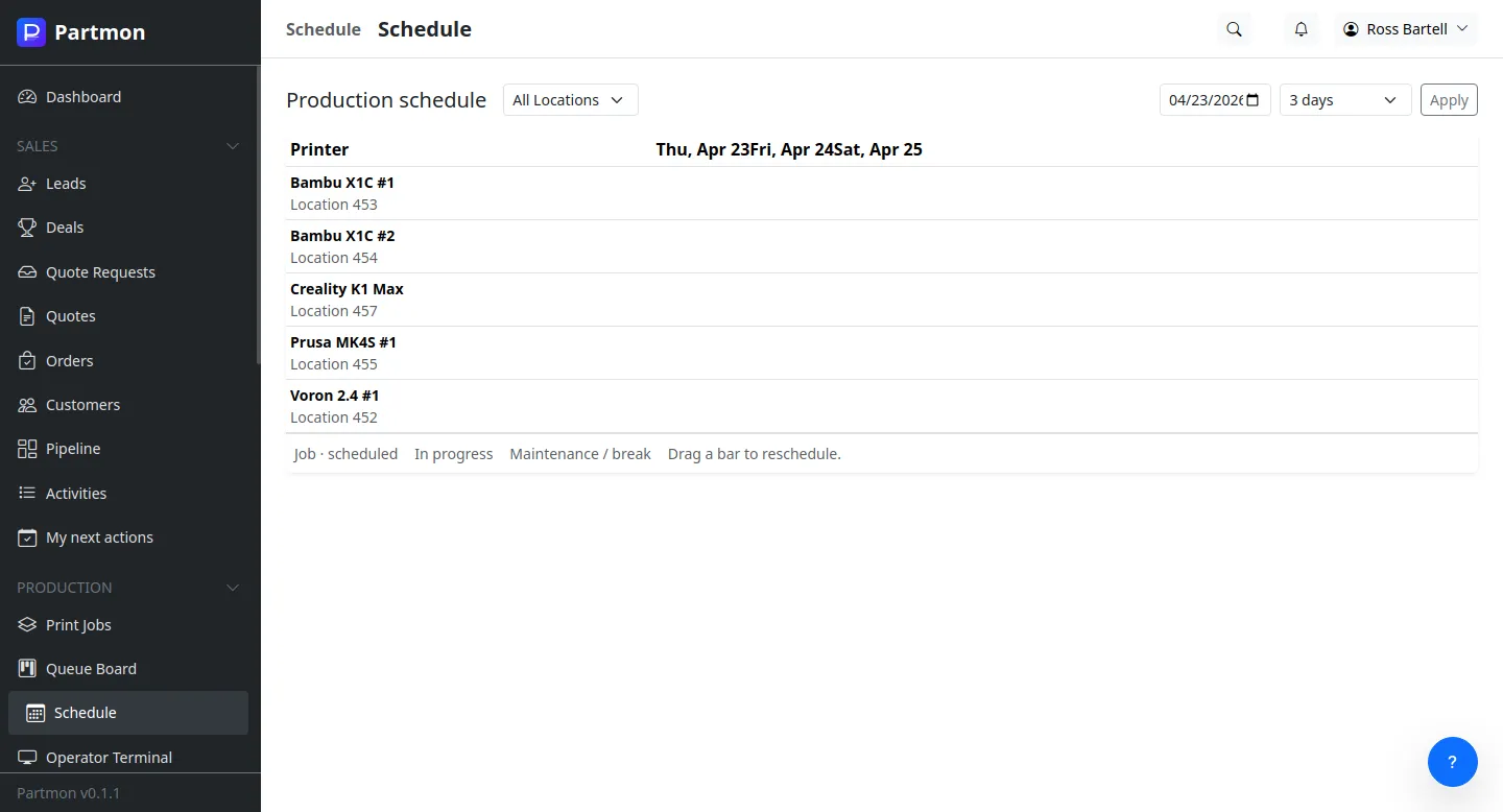 Gantt schedule with operations across work centers