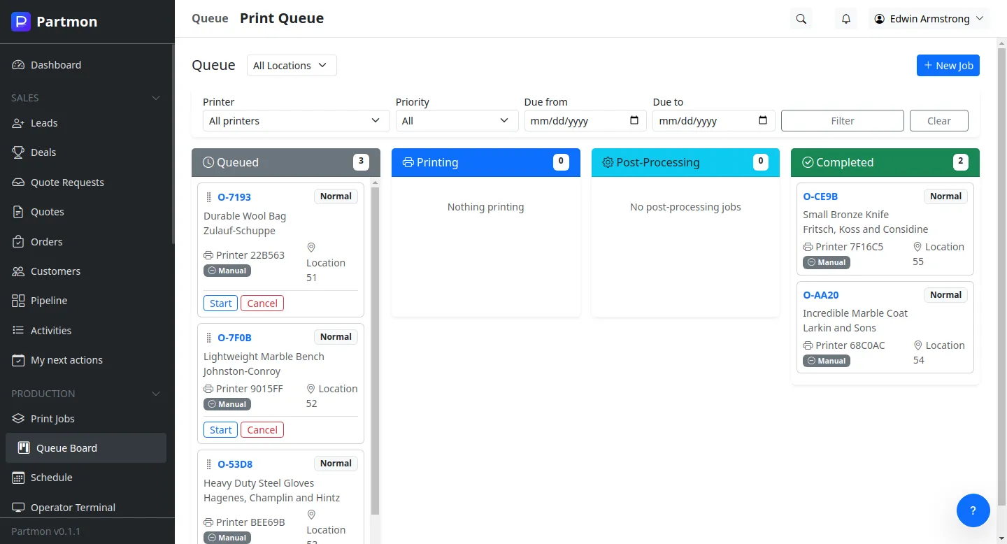 Print queue kanban board with job status columns
