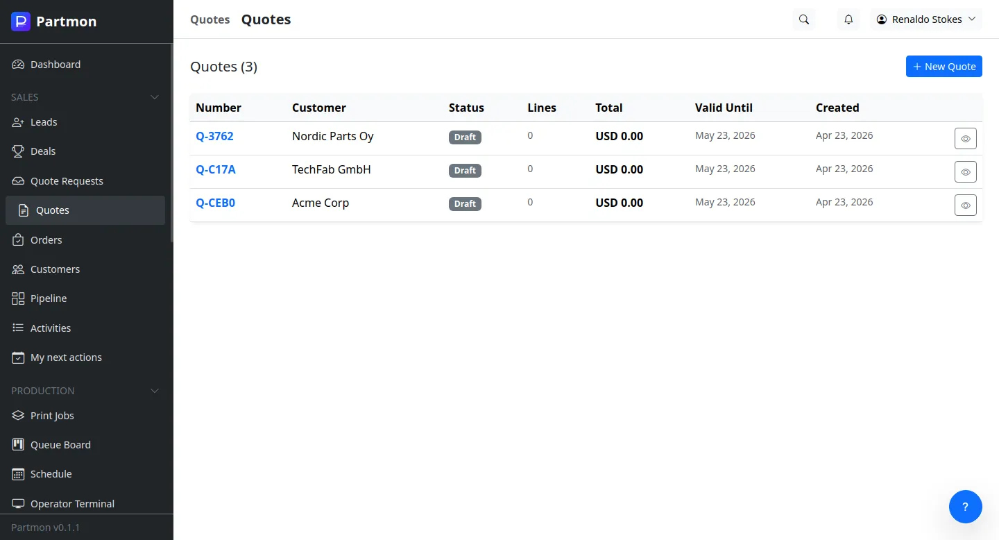 Quotes list with status tracking and filters