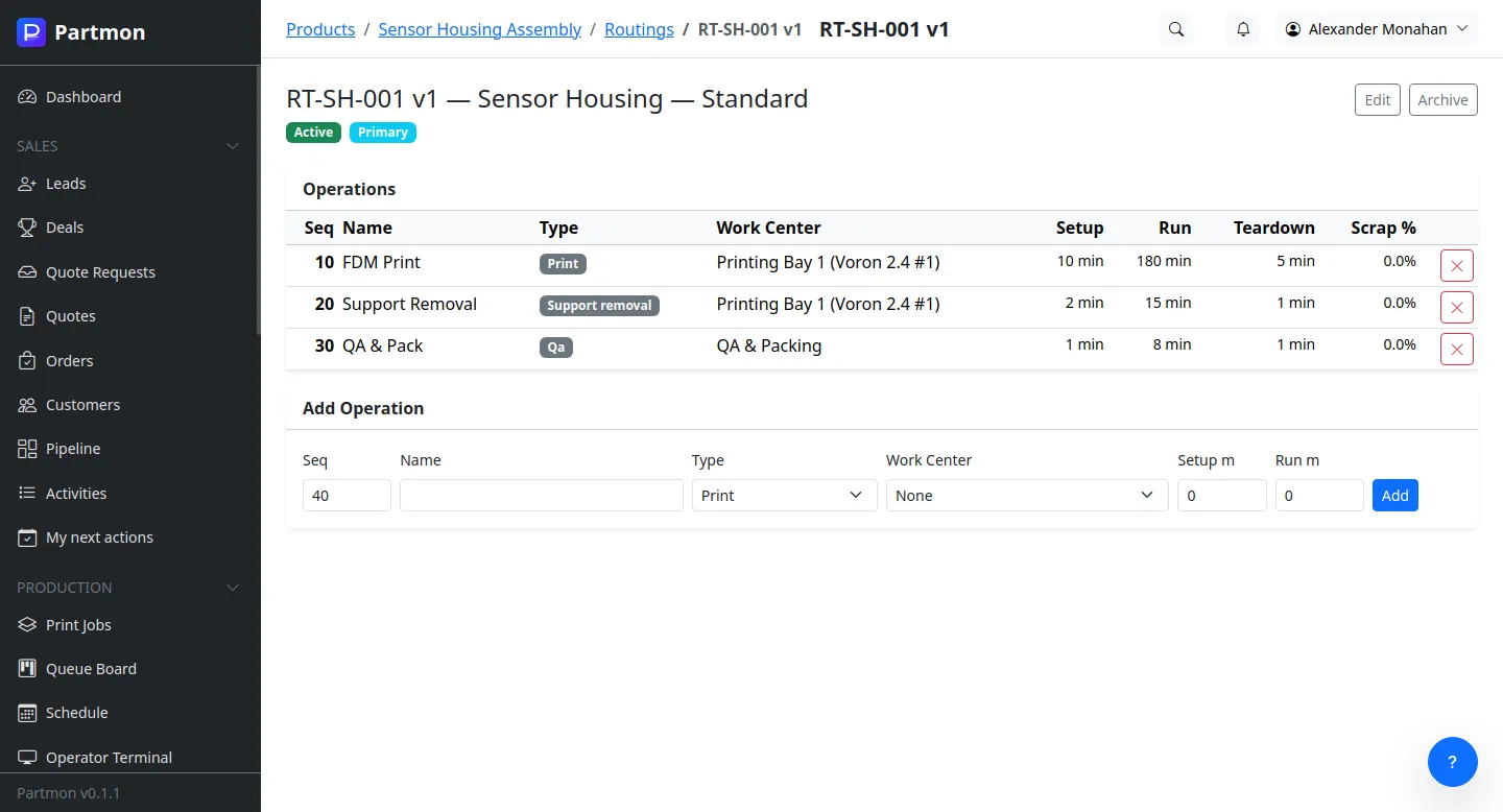 Routing editor with operation sequence and work center assignment