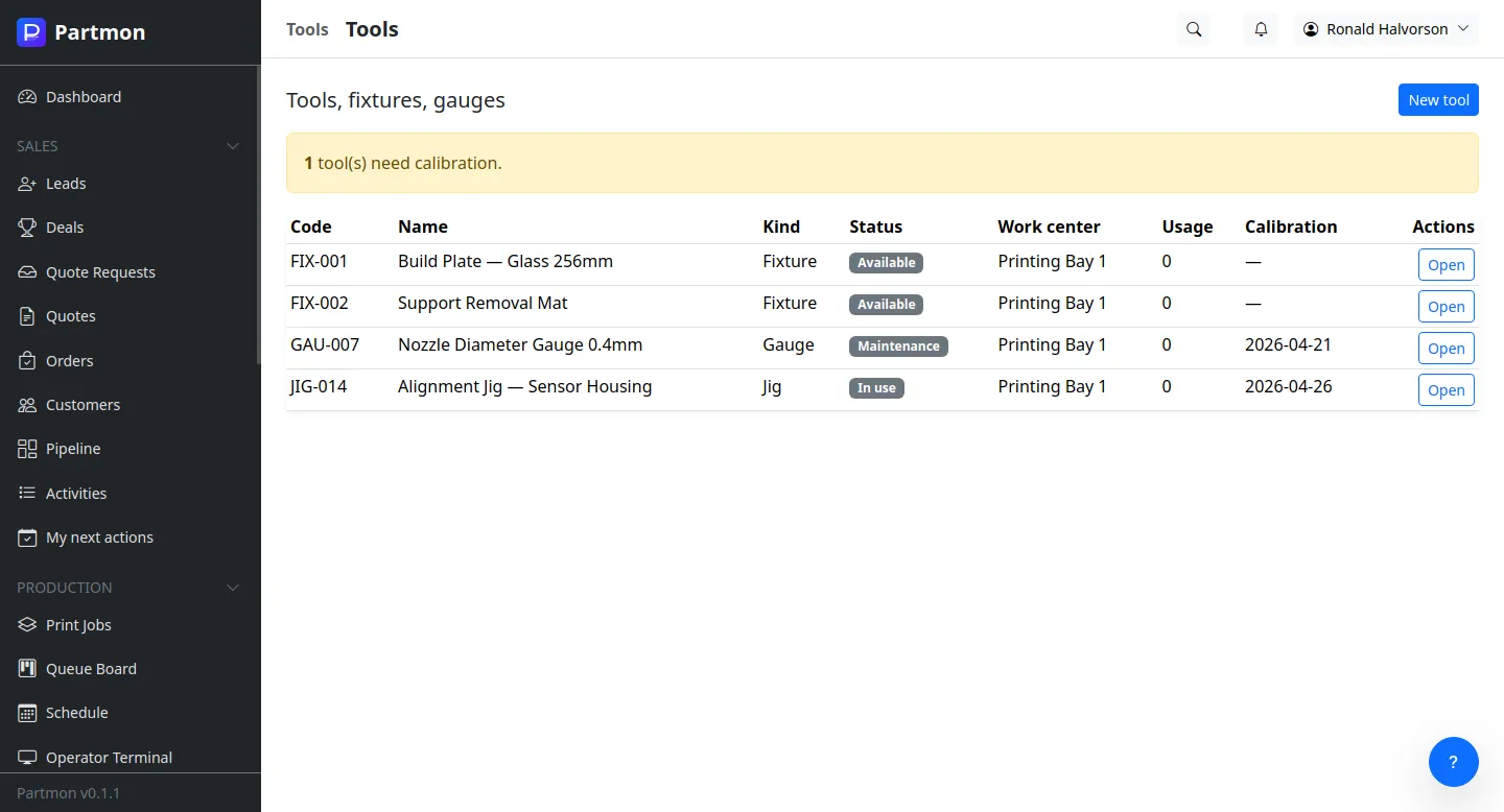 Tool registry with calibration intervals