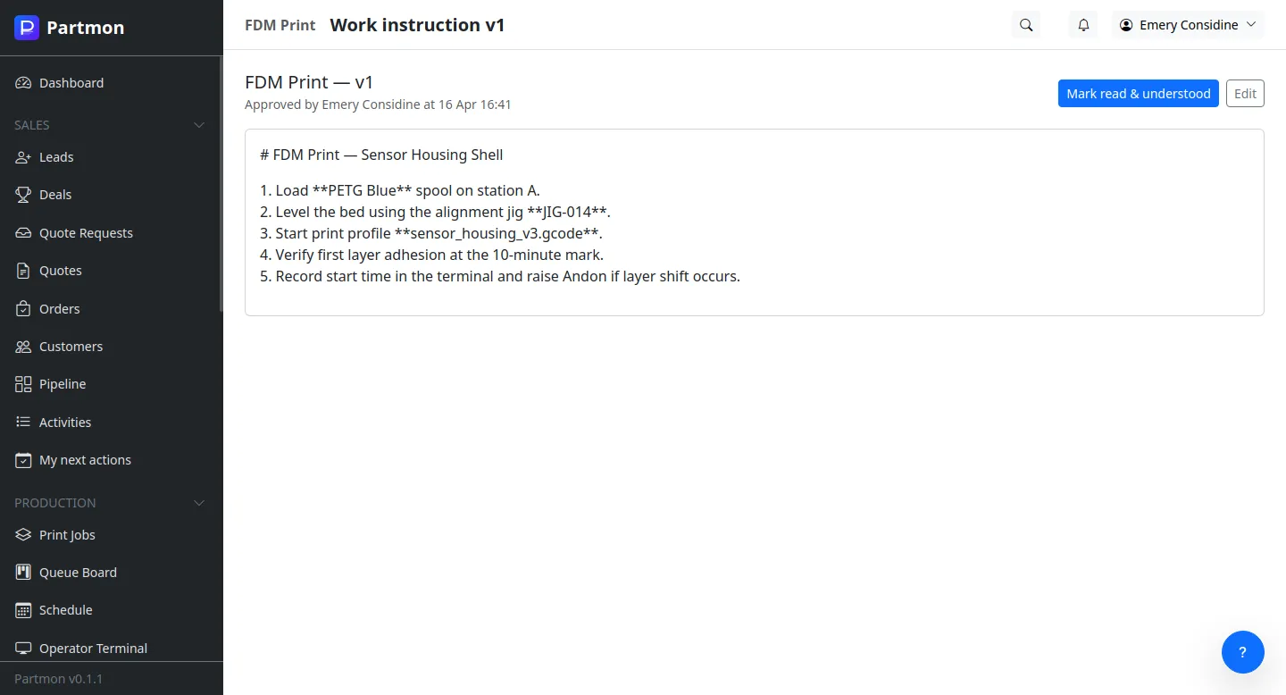 Work instruction viewer with steps, images, and acknowledgement